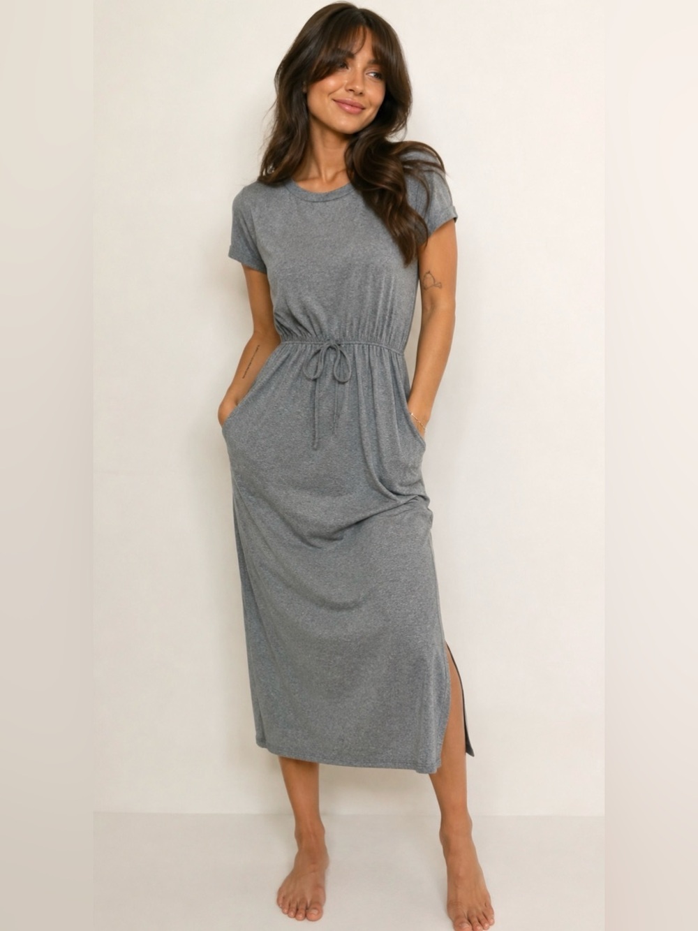 Reborn J Short Sleeve Drawstring Waist Maxi Dress | Gray | Size Small